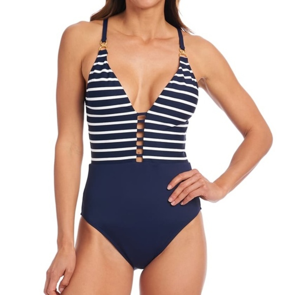 𝅺LA Blanca Capri Indigo Blue Striped Ladder Plunge One-Piece Swimsuit 22W NWOT
